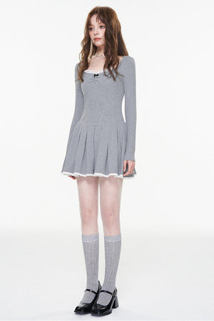 Gray Lace Bow-Detail U-Neck Dress