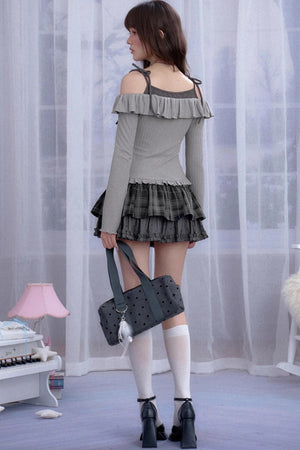 Gray One-Shoulder Long-Sleeved Slim Top