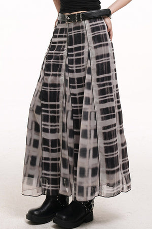 Gray Plaid Pleated Long Skirt