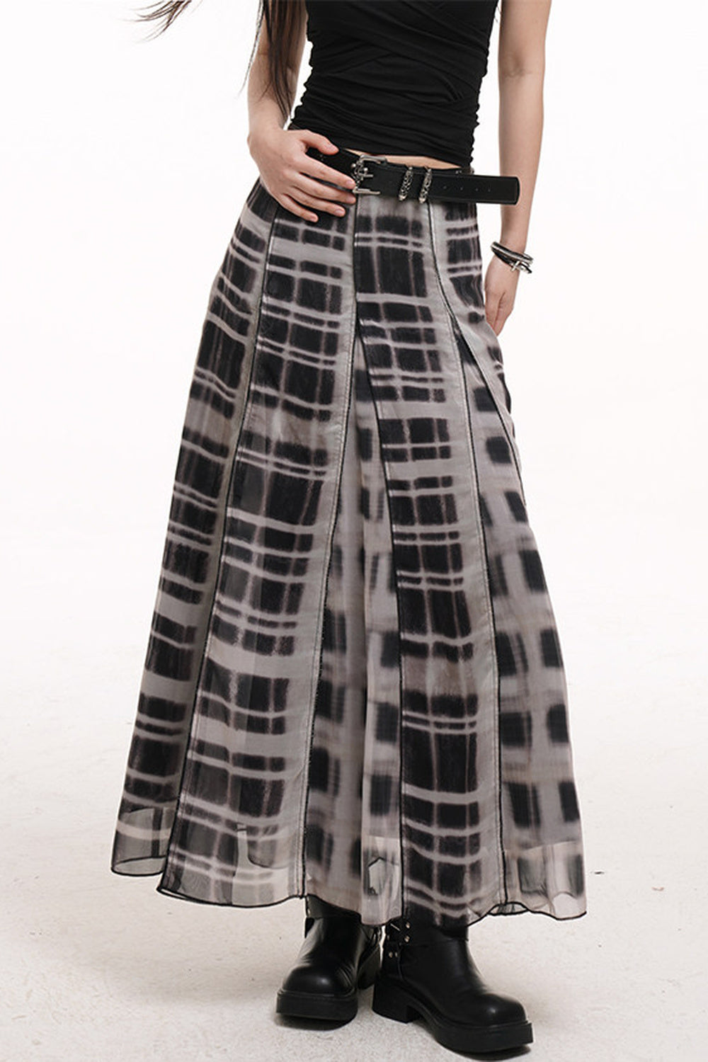 Gray Plaid Pleated Long Skirt