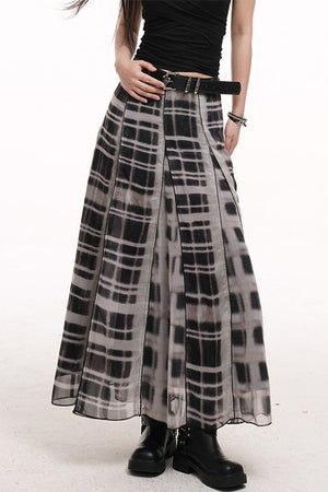 Gray Plaid Pleated Long Skirt