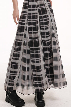 Gray Plaid Pleated Long Skirt