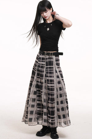 Gray Plaid Pleated Long Skirt