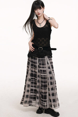 Gray Plaid Pleated Long Skirt
