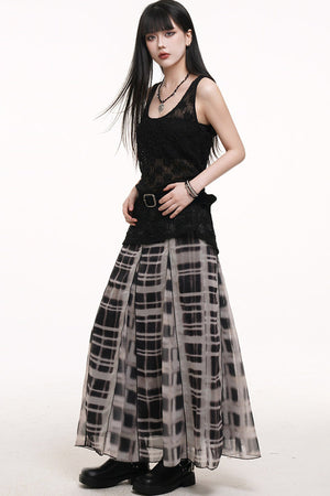 Gray Plaid Pleated Long Skirt