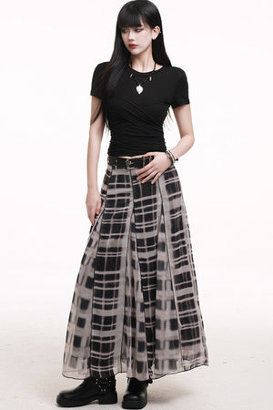 Gray Plaid Pleated Long Skirt