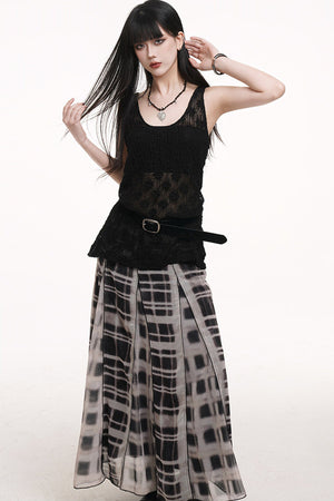 Gray Plaid Pleated Long Skirt