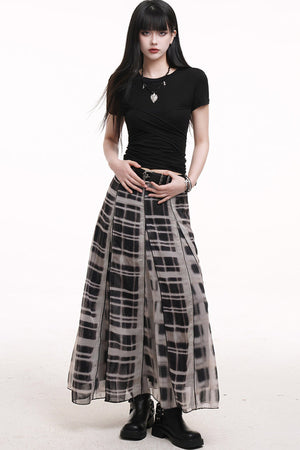 Gray Plaid Pleated Long Skirt