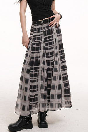 Gray Plaid Pleated Long Skirt