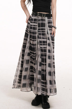 Gray Plaid Pleated Long Skirt