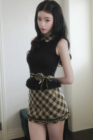Gray Retro Plaid Two-Piece Set-Up