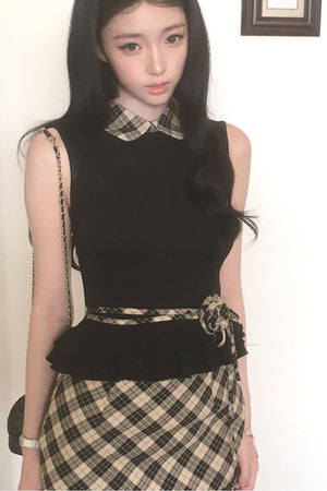 Gray Retro Plaid Two-Piece Set-Up