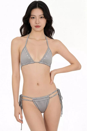 Gray Rivet Beaded Bikini