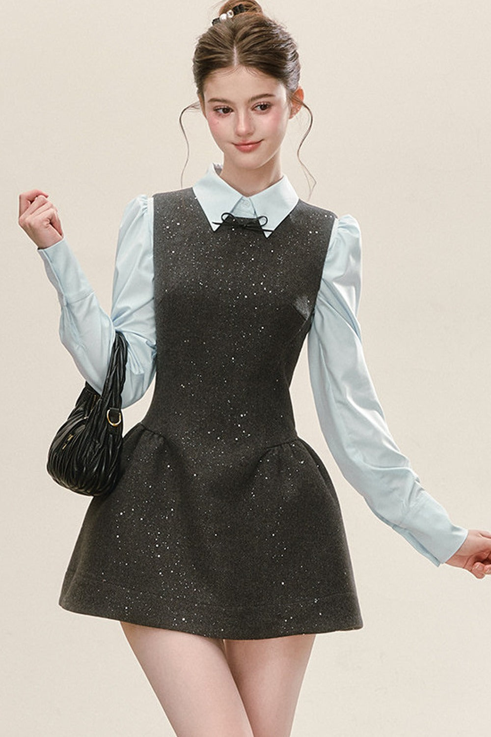 Gray Sleeveless Tank Dress and Blue Shirt Set-Up