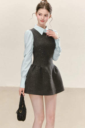Gray Sleeveless Tank Dress and Blue Shirt Set-Up
