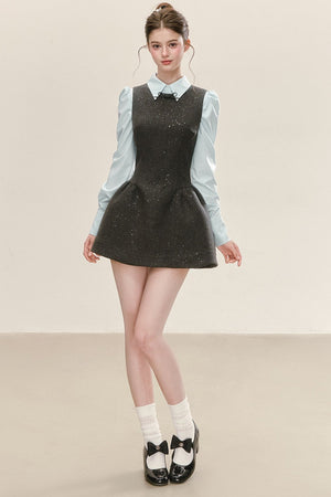 Gray Sleeveless Tank Dress and Blue Shirt Set-Up