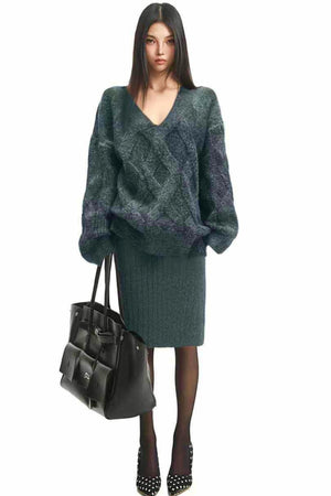 Gray Twist Knit Skirt Suit Set-Up