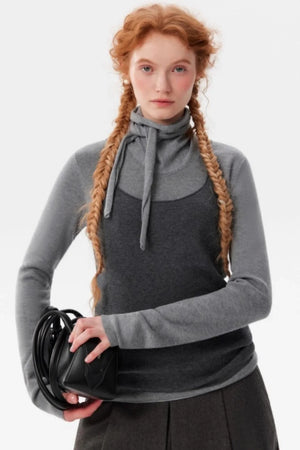 Gray Wool Scarf Collar Top Set-Up