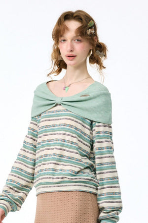 Green Bow Striped Knit T-Shirt Top