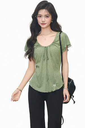 Green Drawstring Top and Black Flared Pants Set-Up