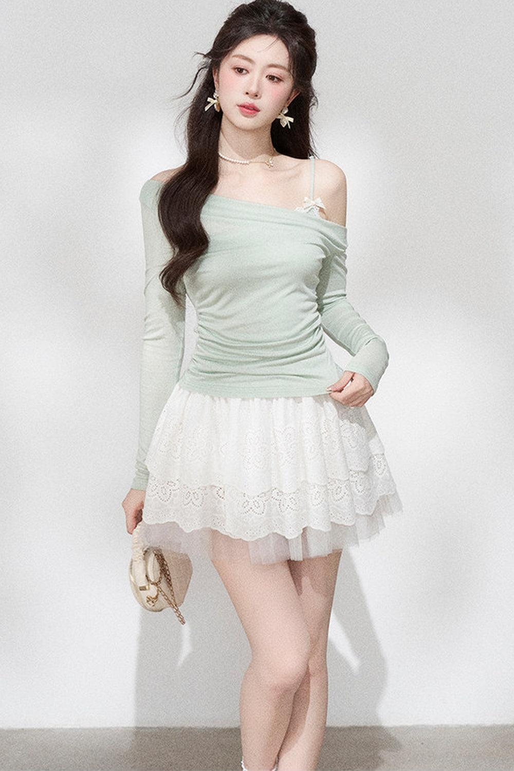 Green Off-Shoulder Pleated Knit Top and Skirt Set-Up