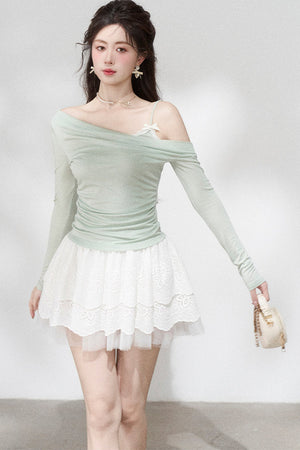 Green Off-Shoulder Pleated Knit Top and Skirt Set-Up