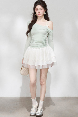 Green Off-Shoulder Pleated Knit Top and Skirt Set-Up