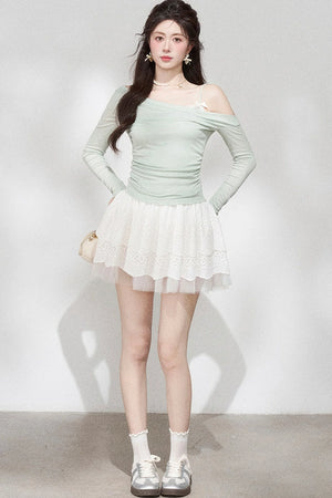 Green Off-Shoulder Pleated Knit Top and Skirt Set-Up