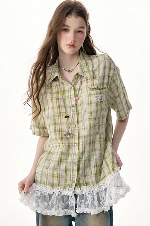 Green Plaid Lace Hem Shirt