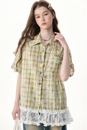 Green Plaid Lace Hem Shirt