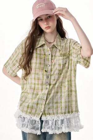 Green Plaid Lace Hem Shirt
