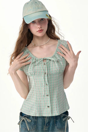Green Plaid Puff Sleeve Button Front Top