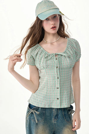 Green Plaid Puff Sleeve Button Front Top