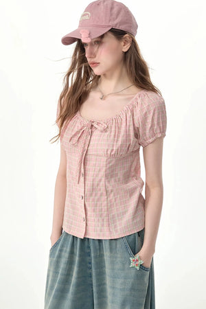 Green Plaid Puff Sleeve Button Front Top
