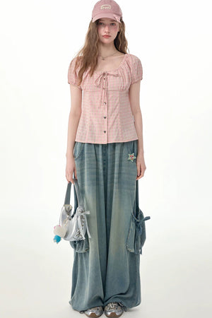 Green Plaid Puff Sleeve Button Front Top