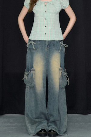 Green Plaid Puff Sleeve Button Front Top