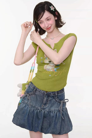 Green Rabbit Print Top