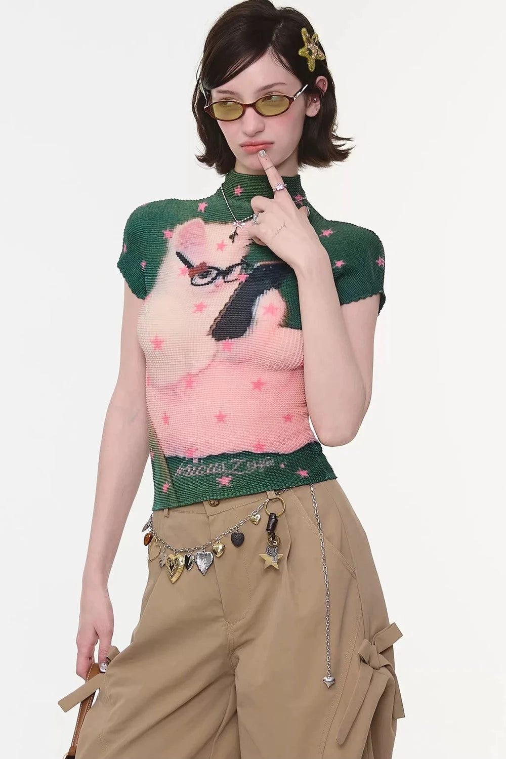 Green Star Cat Print Blouse
