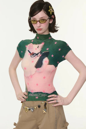 Green Star Cat Print Blouse