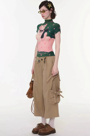 Green Star Cat Print Blouse