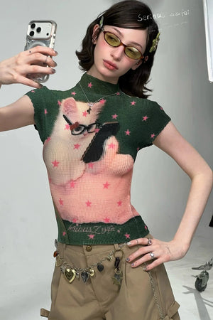 Green Star Cat Print Blouse