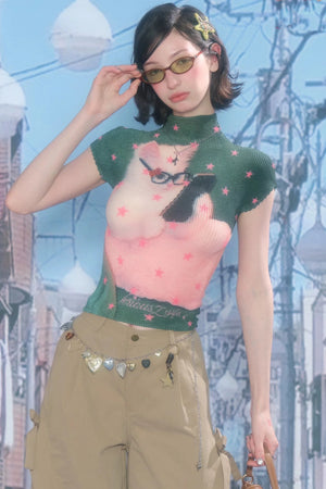 Green Star Cat Print Blouse