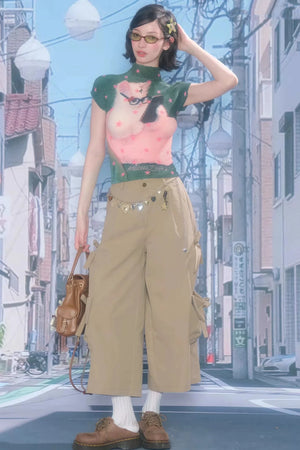 Green Star Cat Print Blouse