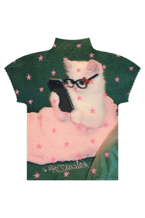 Green Star Cat Print Blouse
