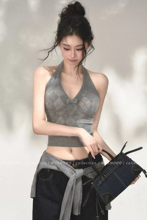 Grey Argyle Knit Cardigan With Camisole Set-Up