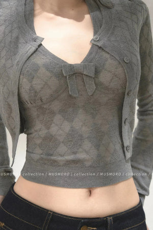 Grey Argyle Knit Cardigan With Camisole Set-Up