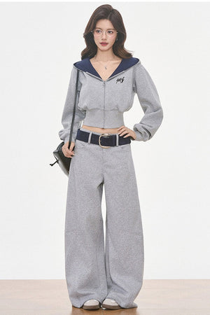 Grey Hooded Sweatshirt and Wide-Leg Pants Set