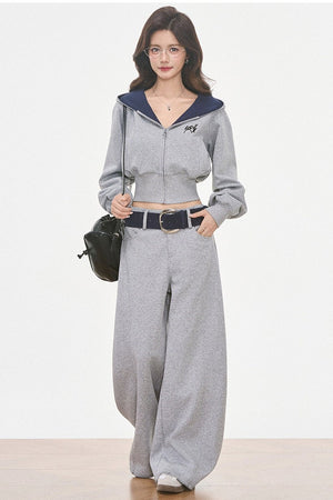 Grey Hooded Sweatshirt and Wide-Leg Pants Set