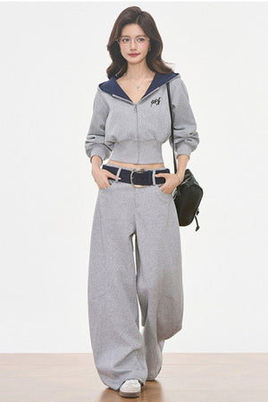 Grey Hooded Sweatshirt and Wide-Leg Pants Set