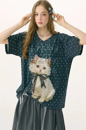 Grey Polka Dot Cat V-Neck Top